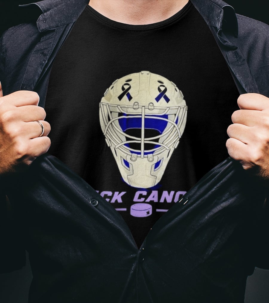 Puck Cancer Hockey Goalie Mask Awareness Purple Ribbon T-Shirt