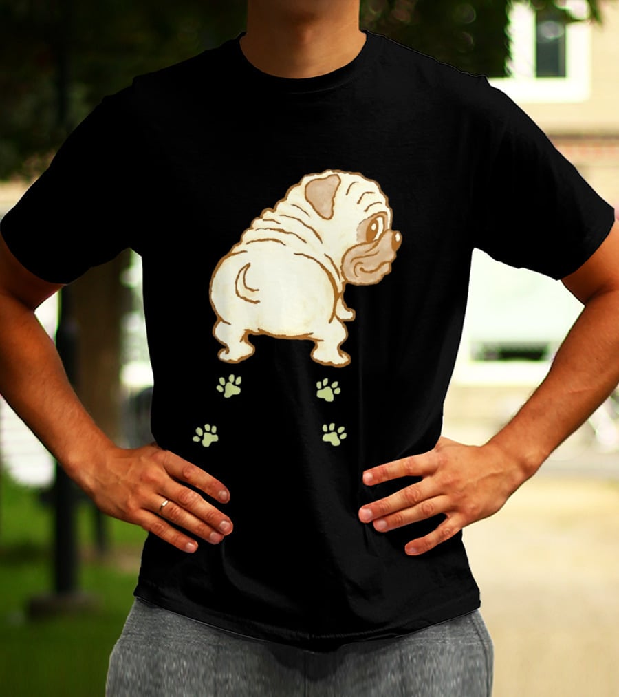 Pug Looking Back With Paw Prints Dog Cute Canine T-Shirt