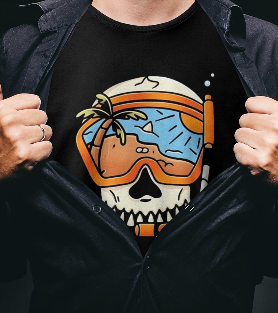 Skull Wearing Snorkel Mask With Tropical Beach Scene Palm Tree Sun T-Shirt