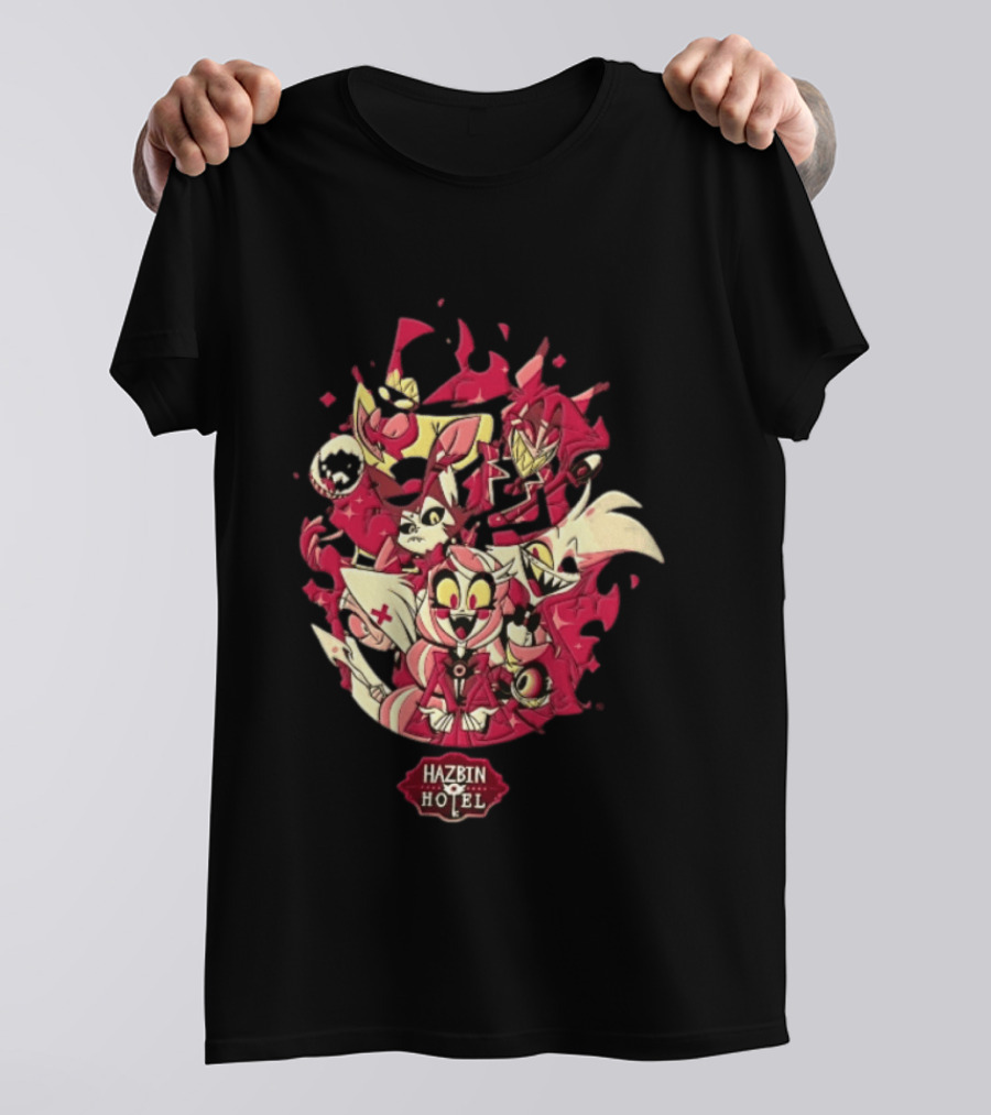 Hazbin Hotel Demon Characters Group Red Sparkles Cartoon Alastor Angel Dust Charlie Vaggie T-Shirt