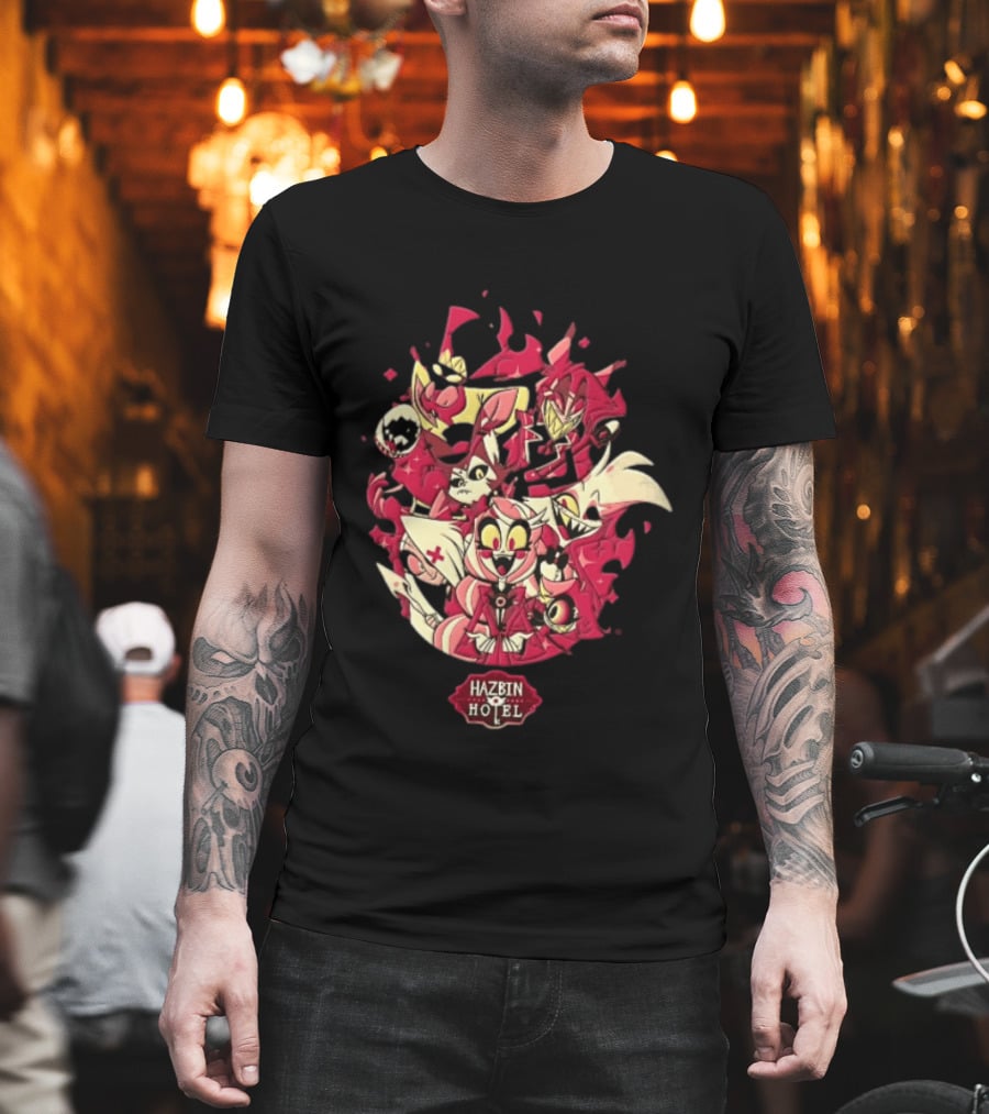Hazbin Hotel Demon Characters Group Red Sparkles Cartoon Alastor Angel Dust Charlie Vaggie T-Shirt
