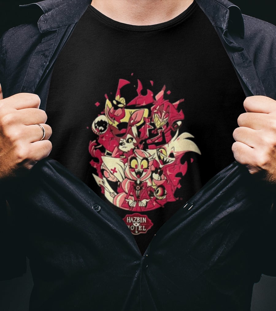 Hazbin Hotel Demon Characters Group Red Sparkles Cartoon Alastor Angel Dust Charlie Vaggie T-Shirt