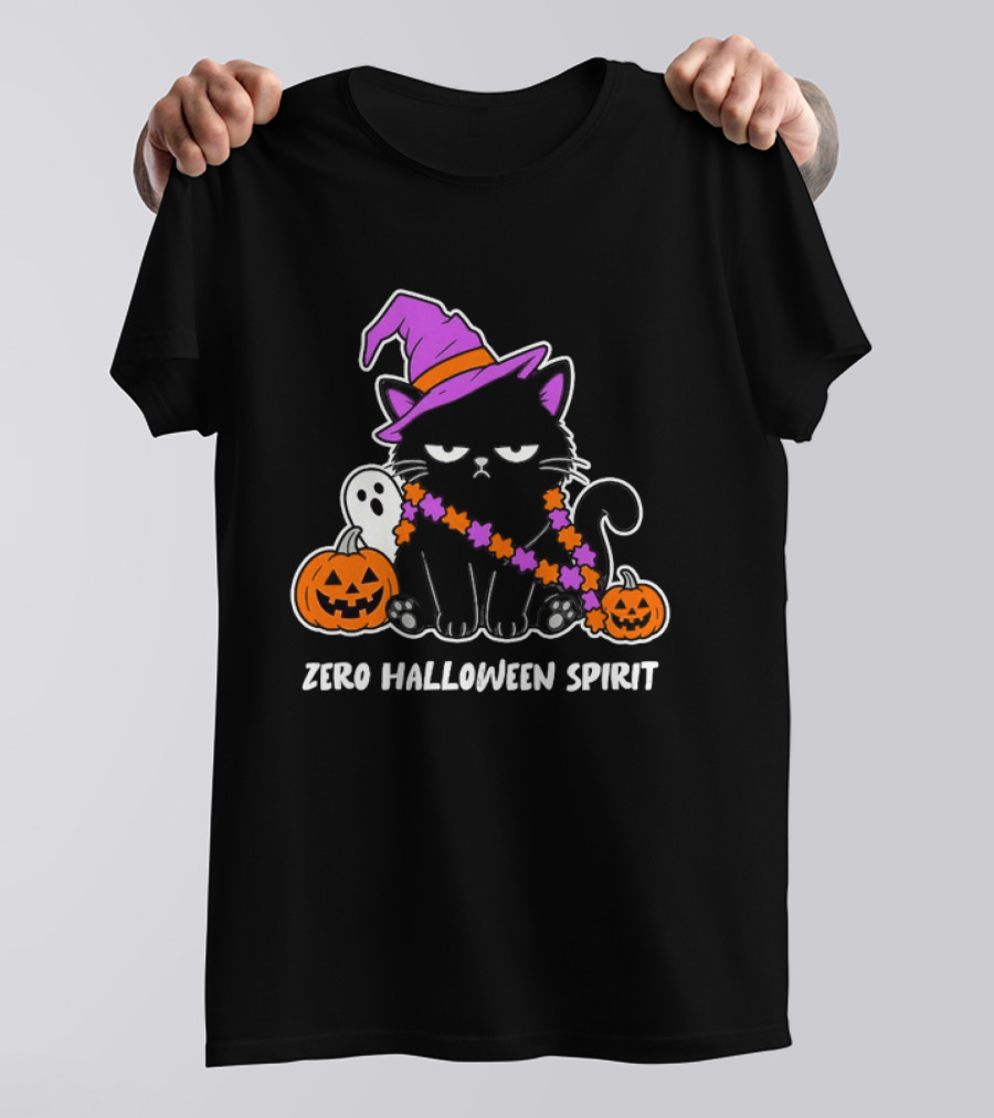 Zero Halloween Spirit Grumpy Black Cat With Pumpkin Ghost And Hat T-Shirt
