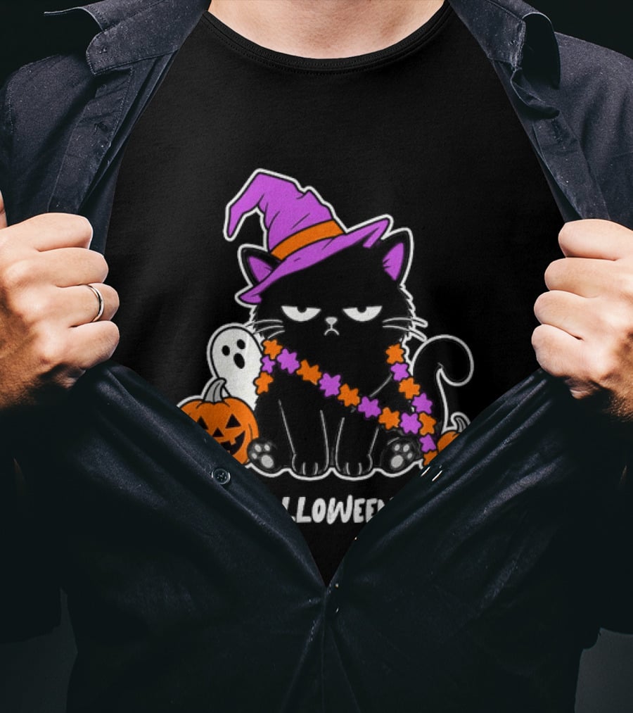Zero Halloween Spirit Grumpy Black Cat With Pumpkin Ghost And Hat T-Shirt