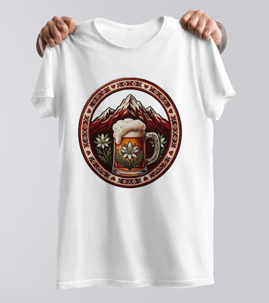 Alpine Beer Edelweiss Mountain Peaks Bavarian Heart Border T-Shirt