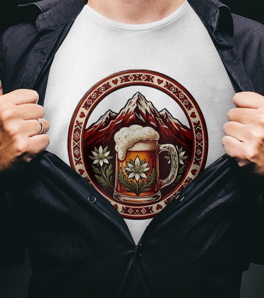 Alpine Beer Edelweiss Mountain Peaks Bavarian Heart Border T-Shirt