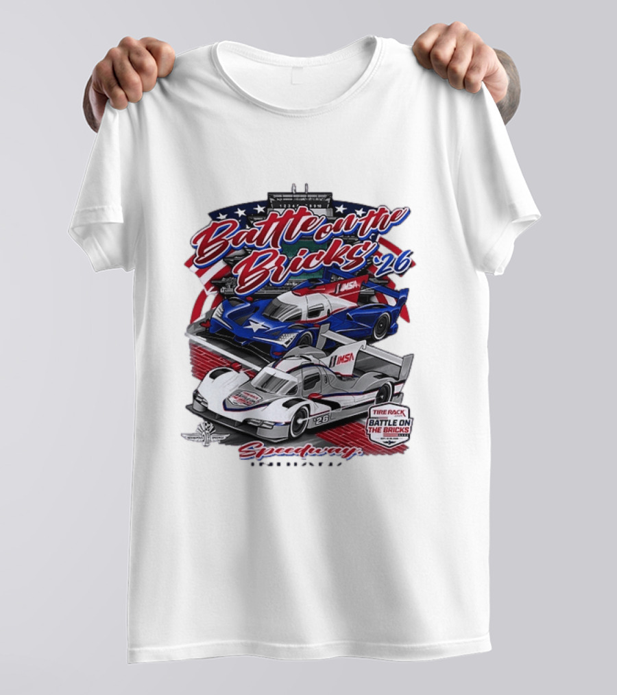Battle On The Bricks '26 IMSA Indianapolis Motor Speedway Tire Rack Racing Cars T-Shirt