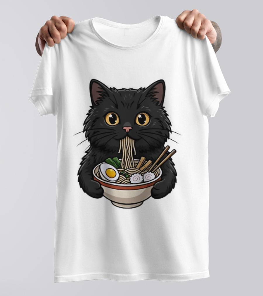 Black Cat Enjoying Ramen Noodles Anime T-Shirt
