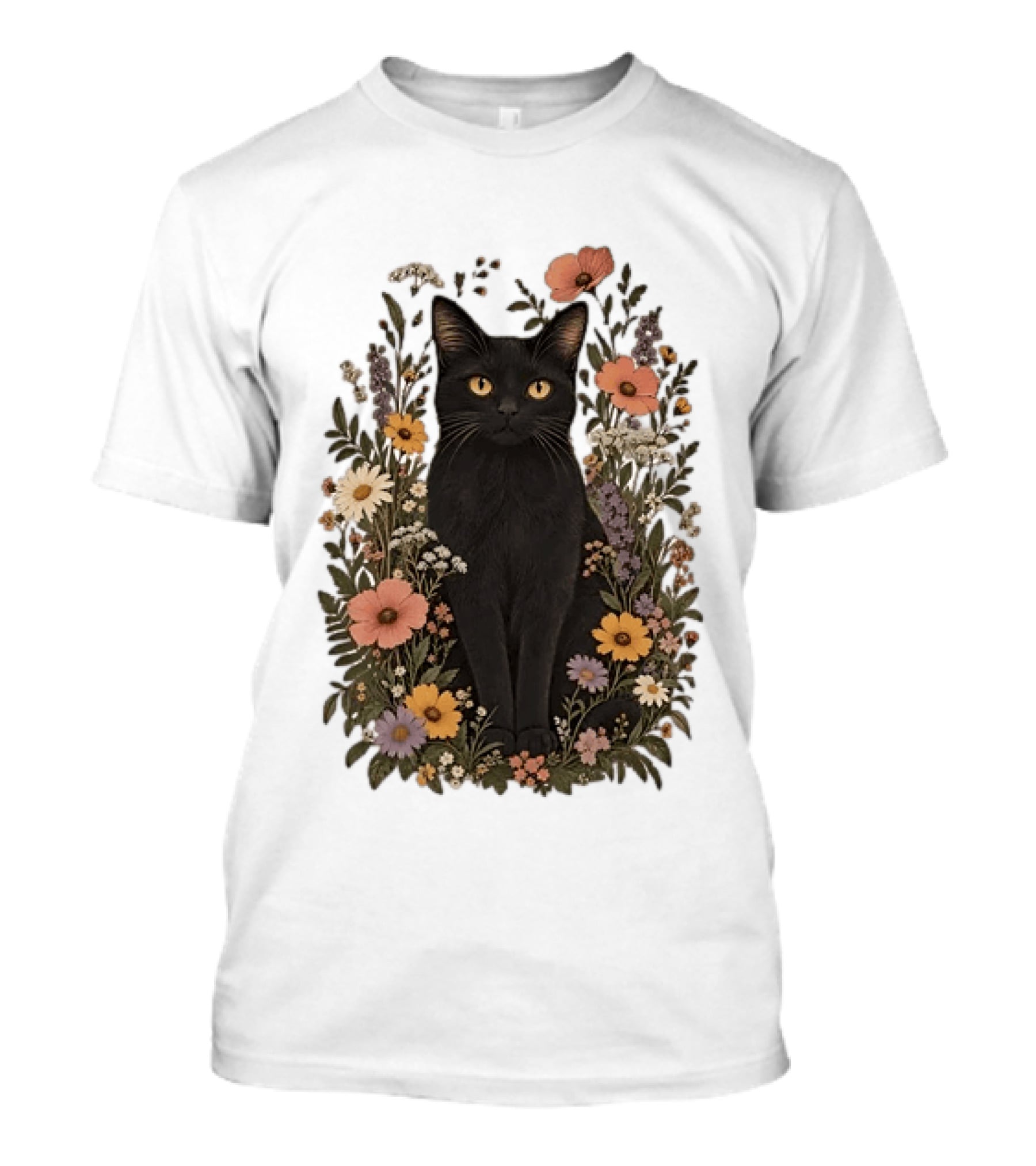 Black Cat In Blooming Garden Of Wildflowers T-Shirt