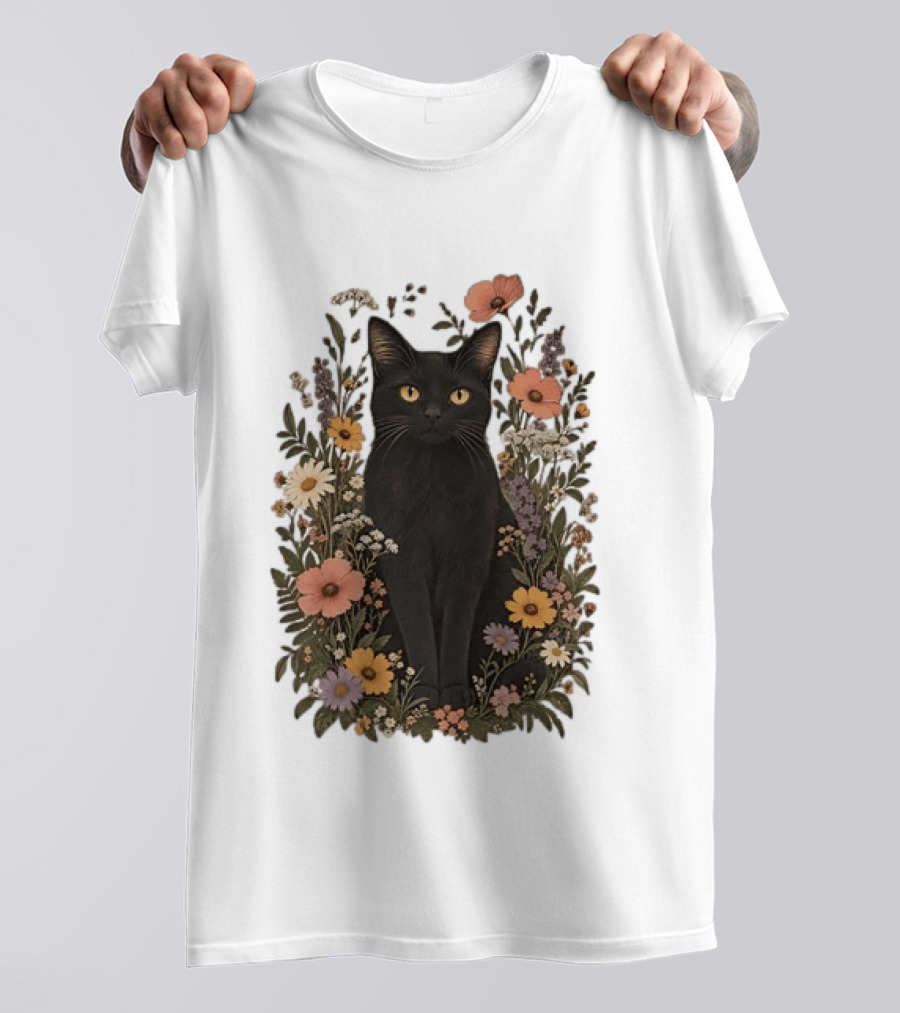 Black Cat In Blooming Garden Of Wildflowers T-Shirt