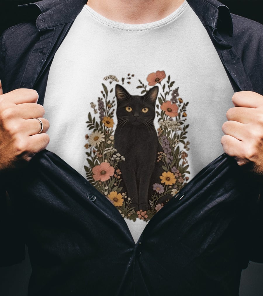 Black Cat In Blooming Garden Of Wildflowers T-Shirt