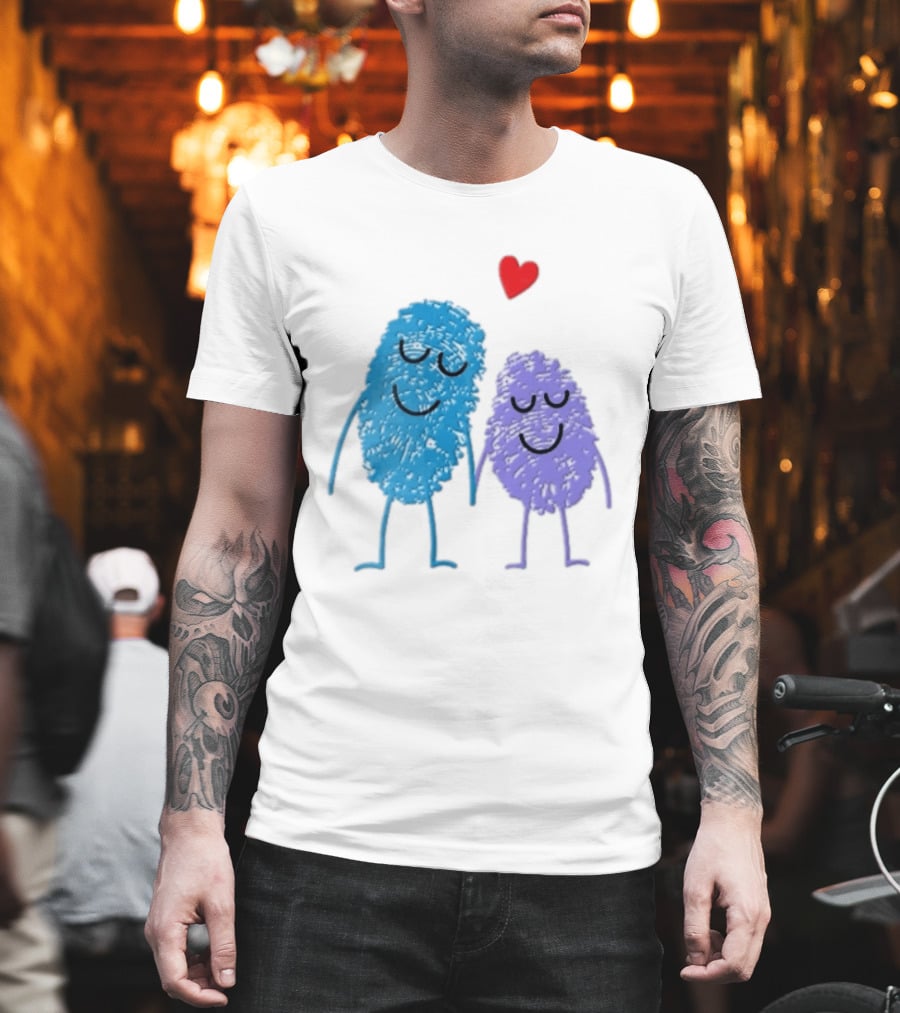 Blue Purple Fingerprint Characters Holding Hands Red Heart Cartoon T-Shirt