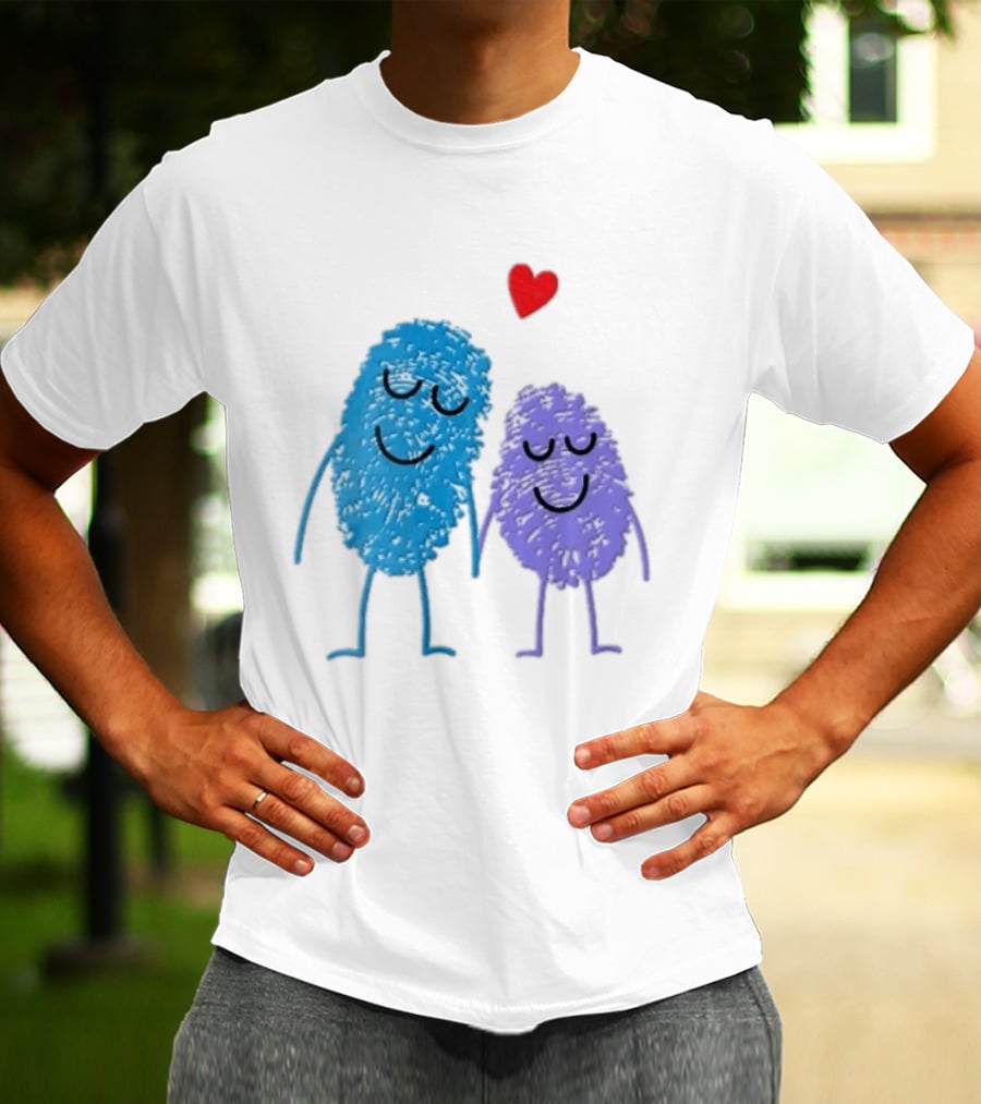 Blue Purple Fingerprint Characters Holding Hands Red Heart Cartoon T-Shirt