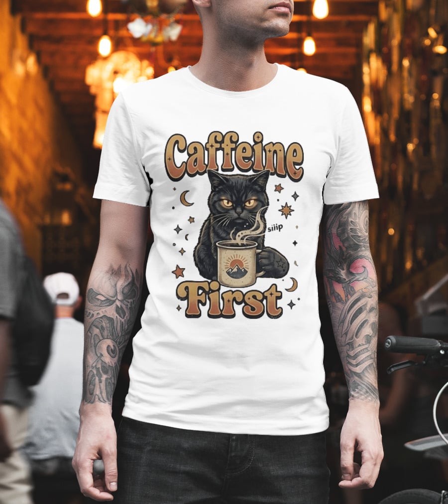 Caffeine First Cat With Coffee Moon Stars T-Shirt