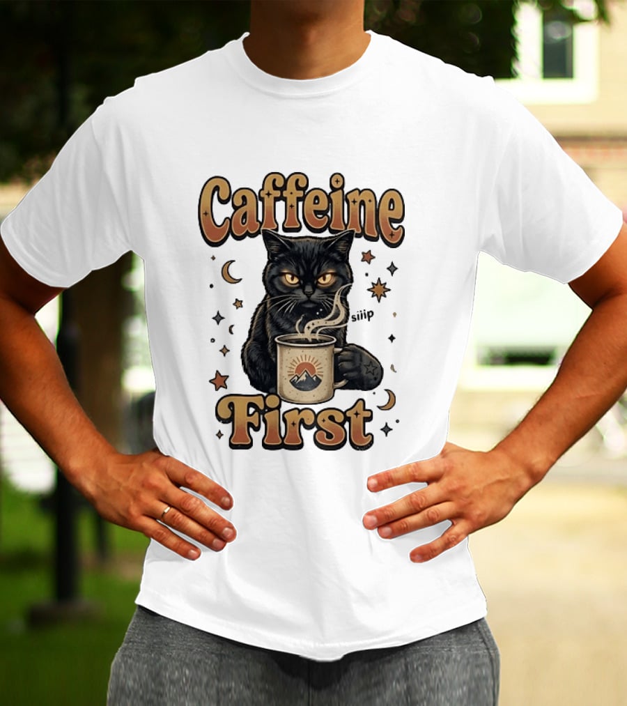 Caffeine First Cat With Coffee Moon Stars T-Shirt