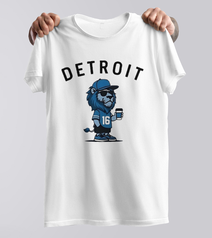Detroit Lions Lion Mascot Jersey 16 With Coffee T-Shirt