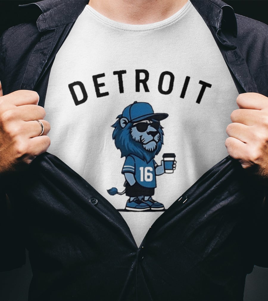 Detroit Lions Lion Mascot Jersey 16 With Coffee T-Shirt
