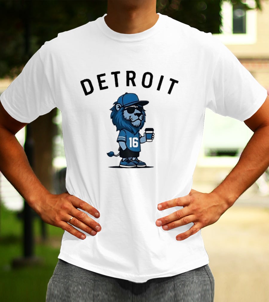 Detroit Lions Lion Mascot Jersey 16 With Coffee T-Shirt
