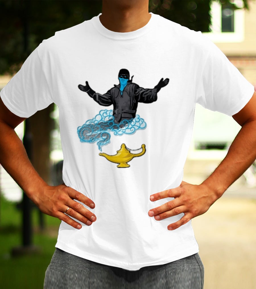 Dread Pirate Roberts Genie Man In Black With Golden Magic Lamp Halftone Cartoon T-Shirt