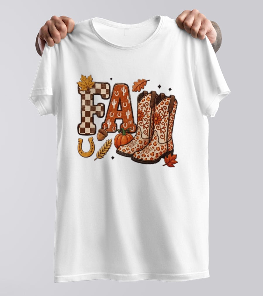 Fall Western Cowboy Boots Pumpkin Horseshoe Wheat Harvest Season T-Shirt