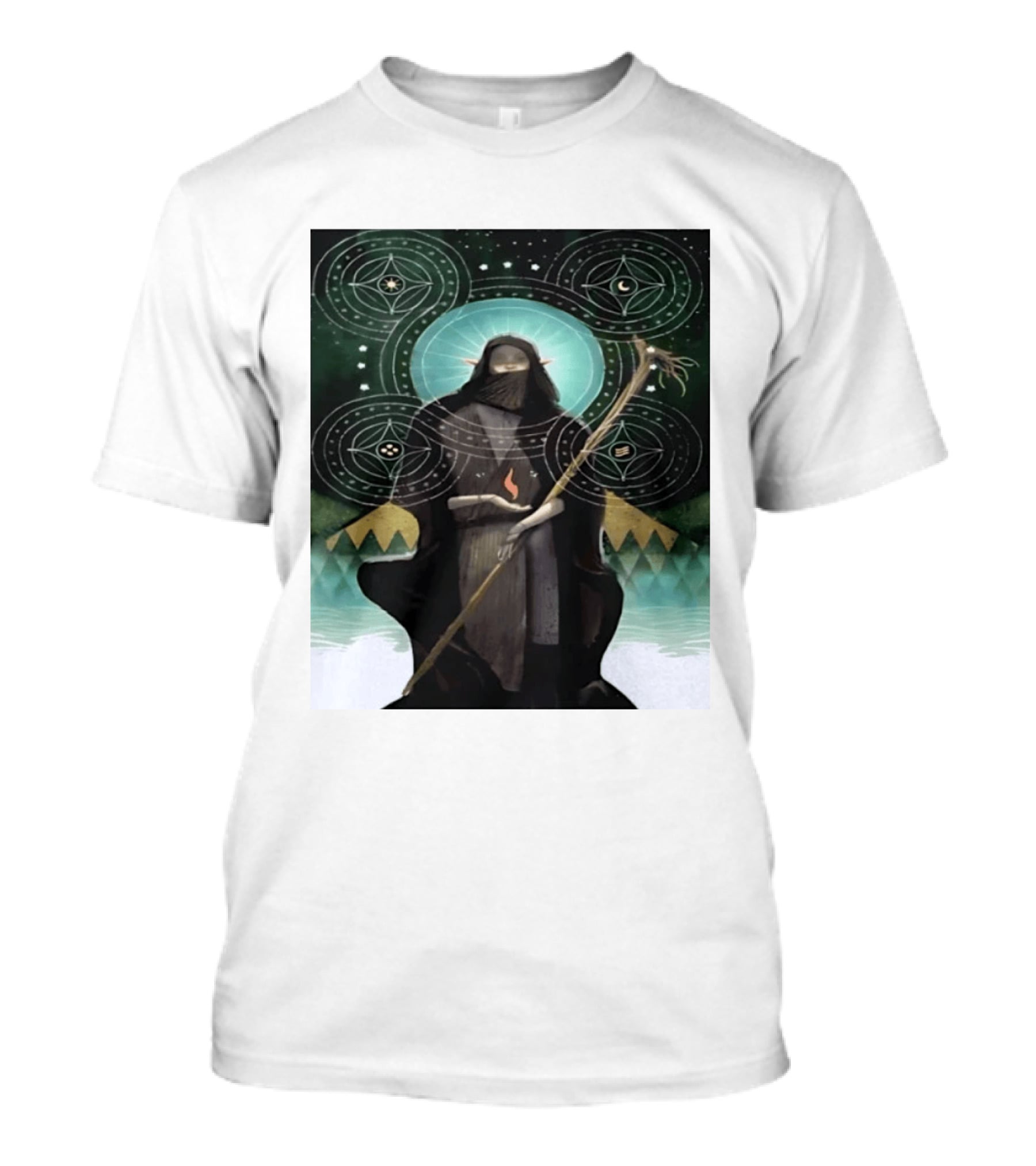 Mystical Elf Mage Staff Elemental Magic Symbols Enchanted Circles T-Shirt