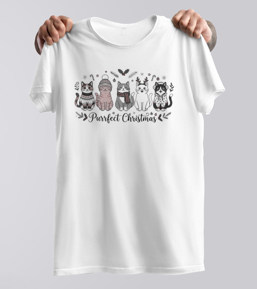Purrfect Christmas Cats In Festive Winter Outfits T-Shirt