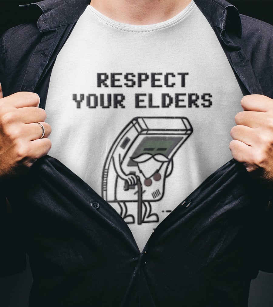 Respect Your Elders Distressed Cartoon Game Boy Walking Cane T-Shirt