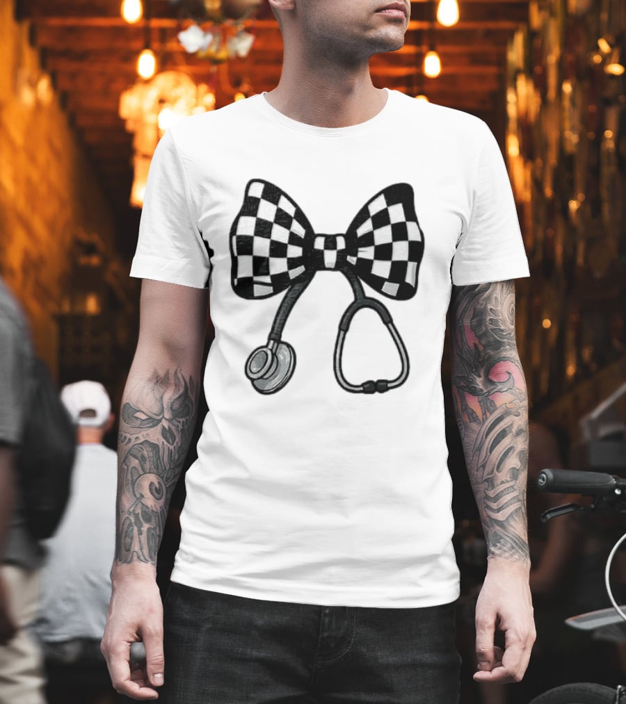 Checkered Bow Stethoscope Medical Nurse T-Shirt