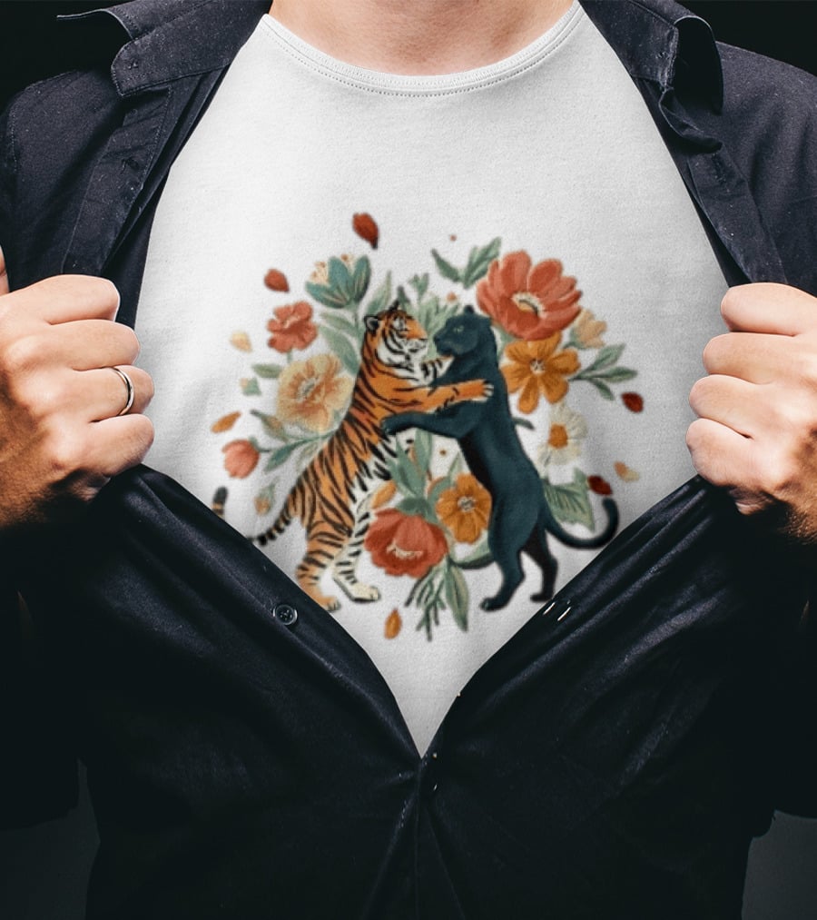 Tiger Black Panther Embrace Floral Bouquet Watercolor T-Shirt