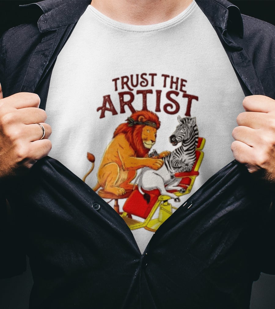 Trust The Artist Lion Tattooing Zebra In Barber Chair T-Shirt