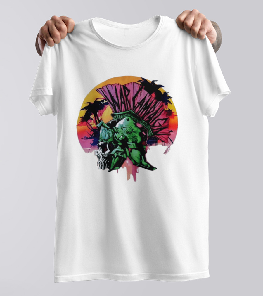 Warcraft Skull Spartan Helmet Tropical Sunset T-Shirt