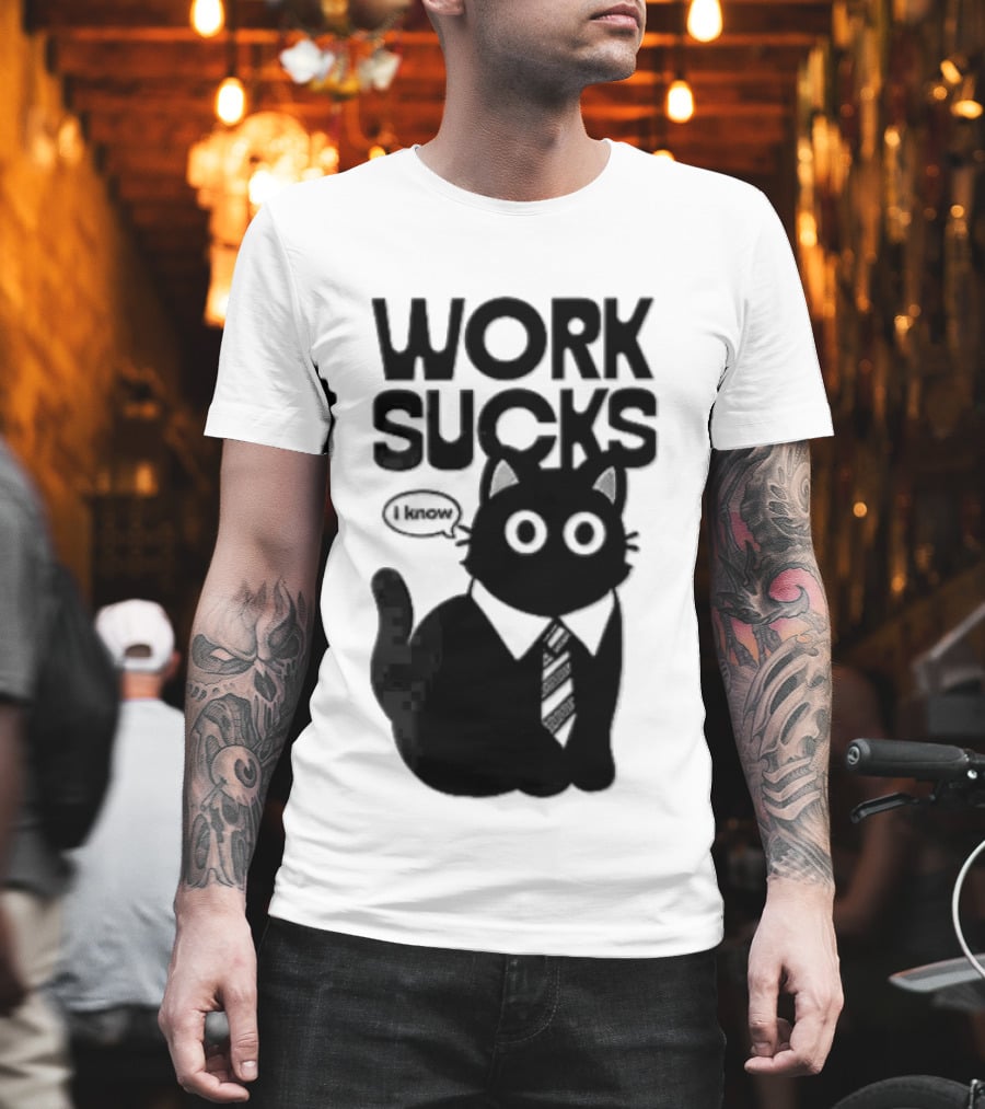 Work Sucks I Know Cartoon Black Cat T-Shirt