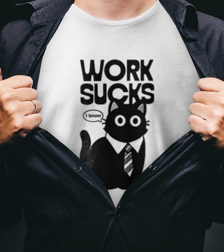 Work Sucks I Know Cartoon Black Cat T-Shirt