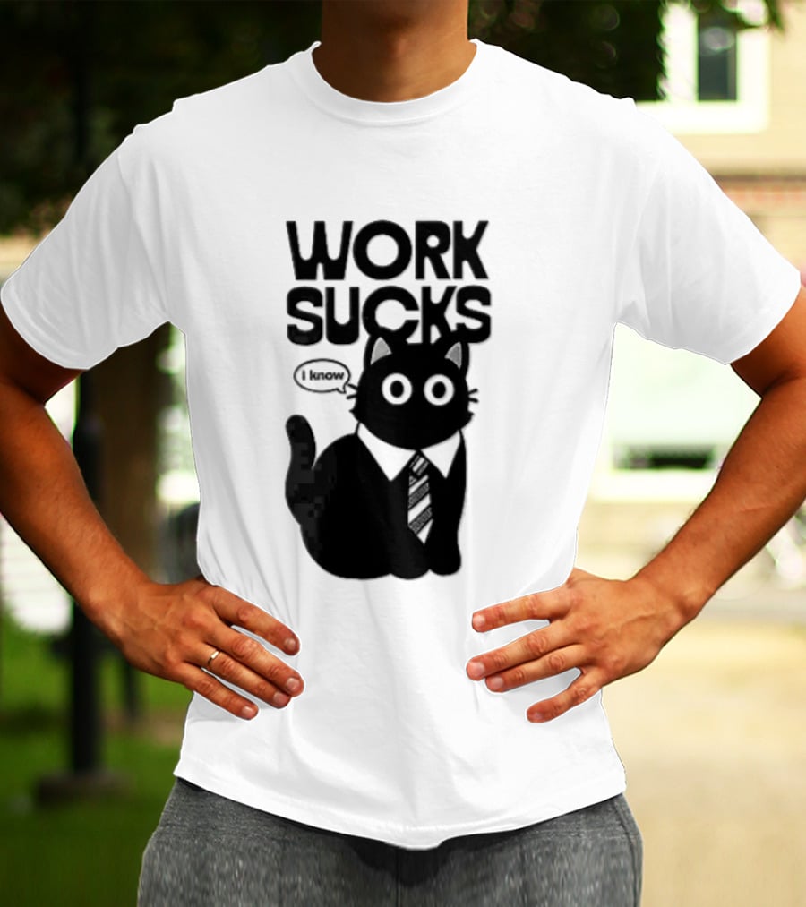 Work Sucks I Know Cartoon Black Cat T-Shirt
