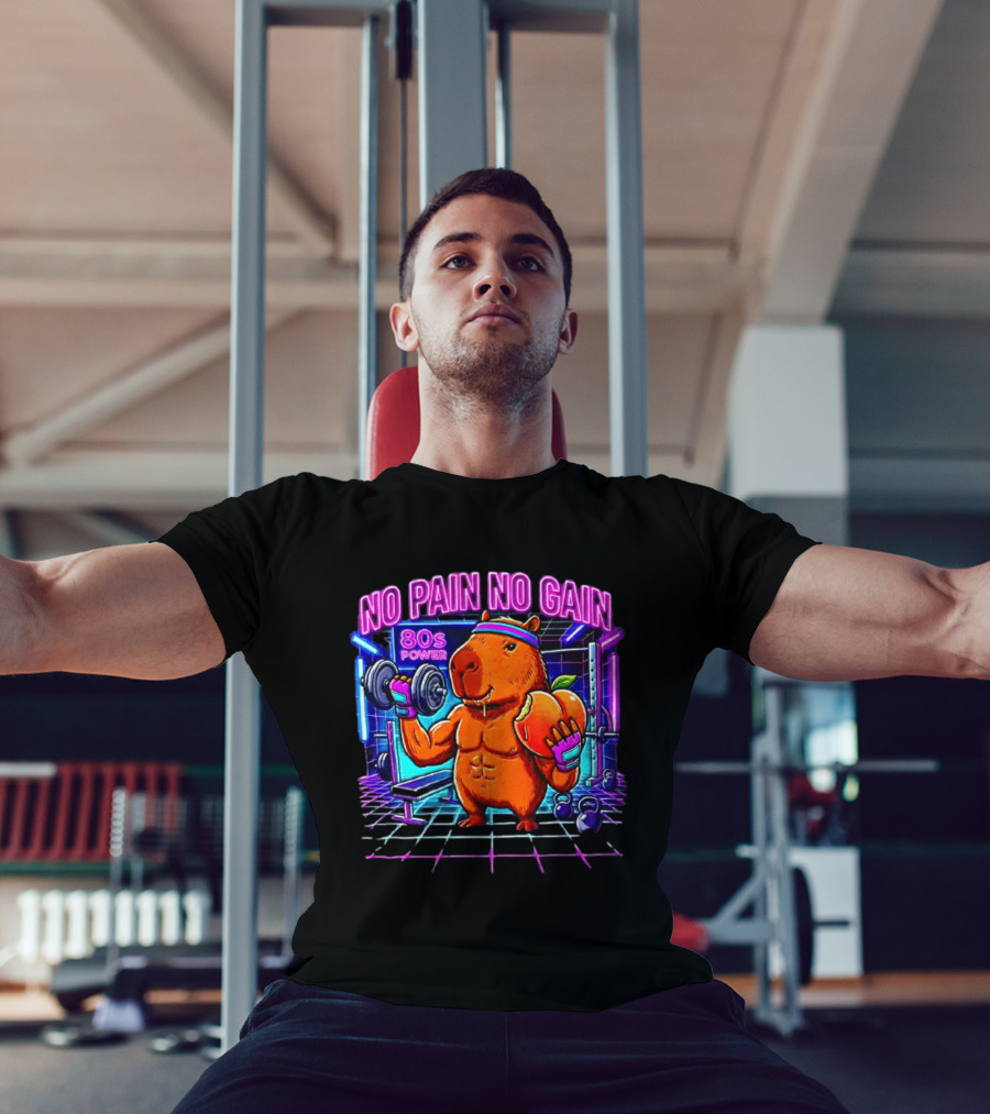 Capybara No Pain No Gain 80s Power Lifting Fitness Workout Gym T-Shirt