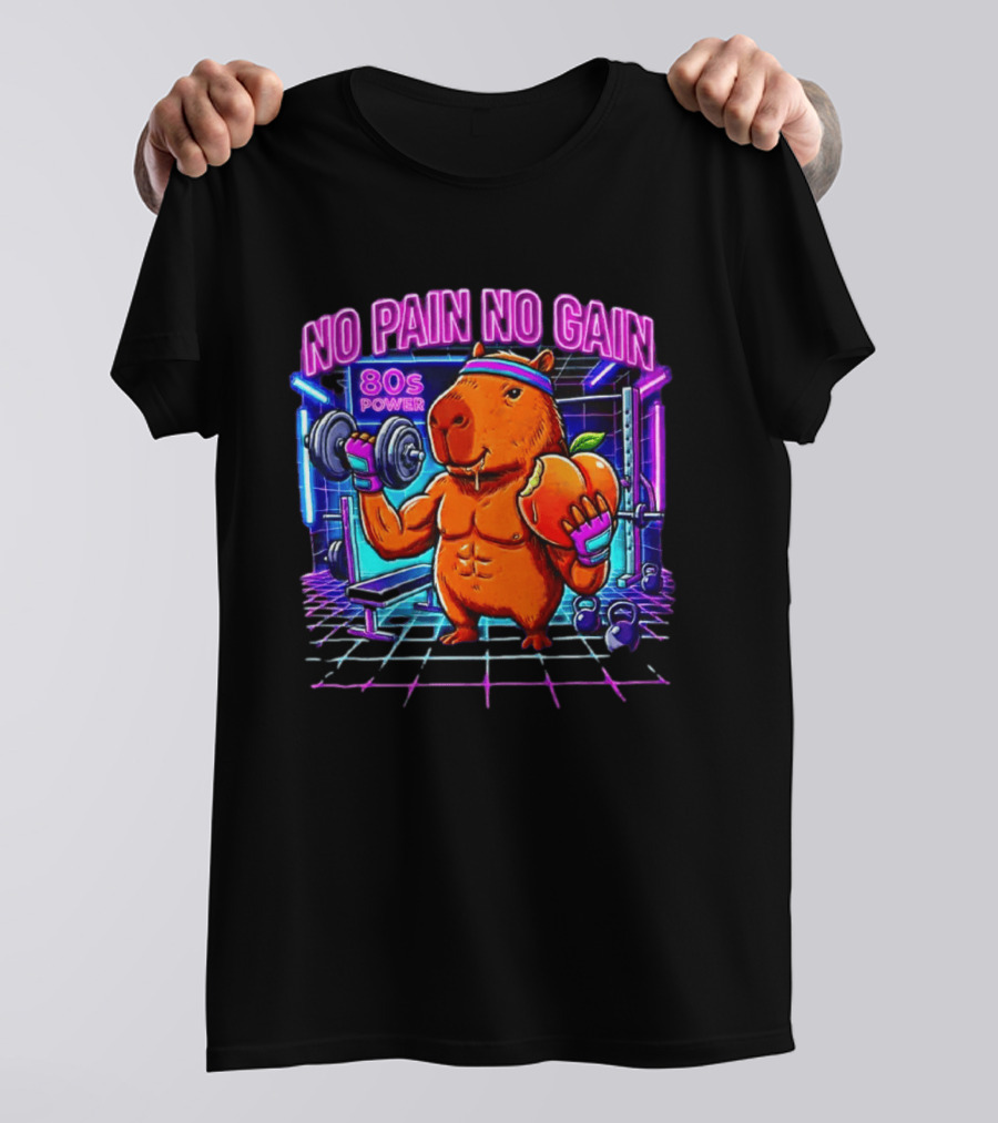 Capybara No Pain No Gain 80s Power Lifting Fitness Workout Gym T-Shirt