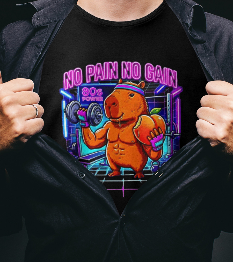 Capybara No Pain No Gain 80s Power Lifting Fitness Workout Gym T-Shirt