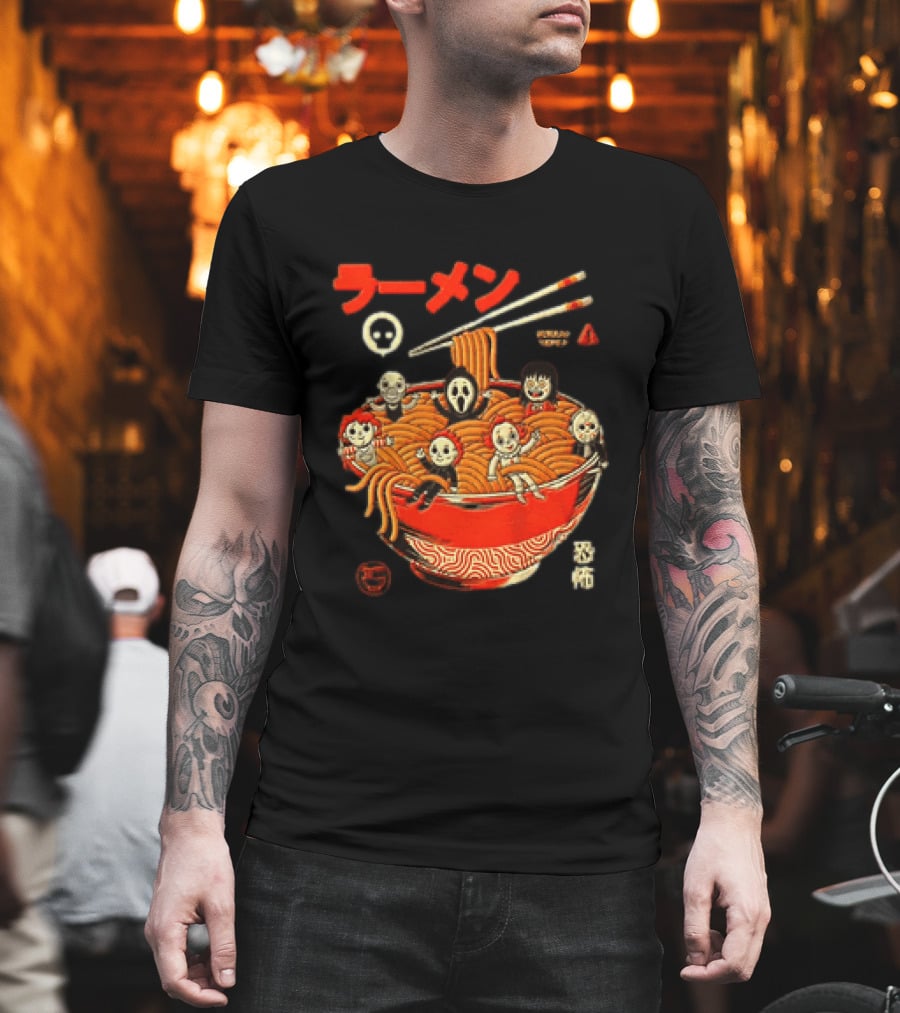 Chucky Ghostface Kayako Michael Myers Pennywise Jason Voorhees Ramen Horror Characters Eat Scream T-Shirt