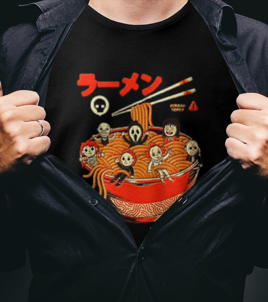 Chucky Ghostface Kayako Michael Myers Pennywise Jason Voorhees Ramen Horror Characters Eat Scream T-Shirt