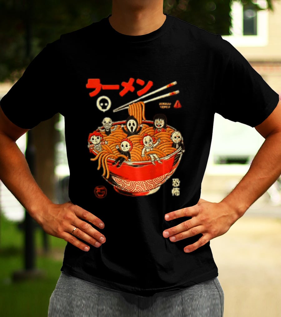 Chucky Ghostface Kayako Michael Myers Pennywise Jason Voorhees Ramen Horror Characters Eat Scream T-Shirt
