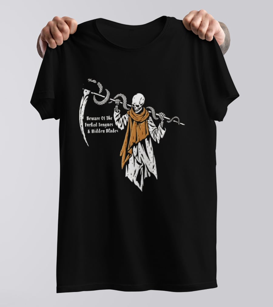 Beware Of The Forked Tongues And Hidden Blades Grim Reaper Snake T-Shirt
