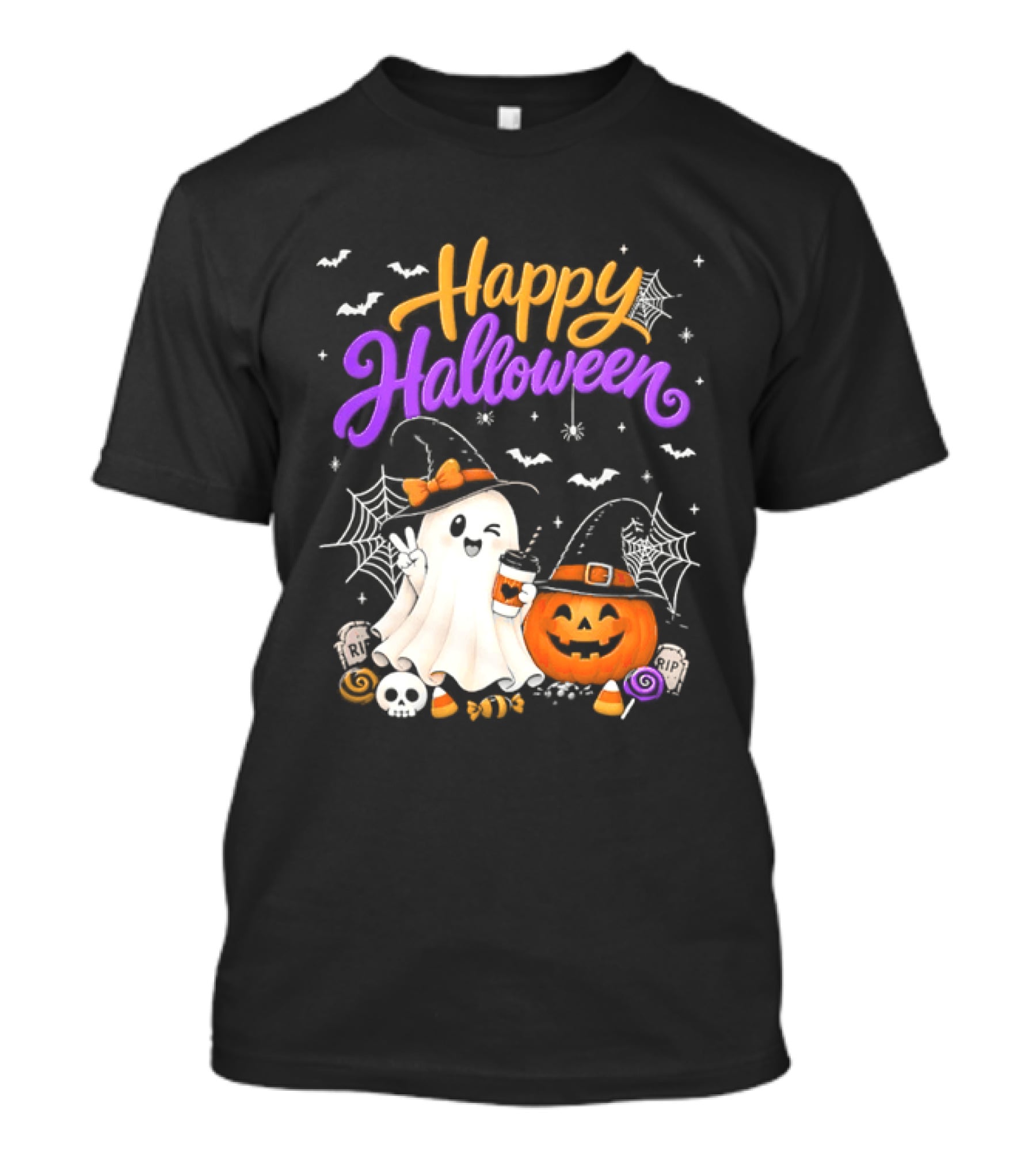 Happy Halloween Ghost Pumpkin Candy And Spider Webs T-Shirt