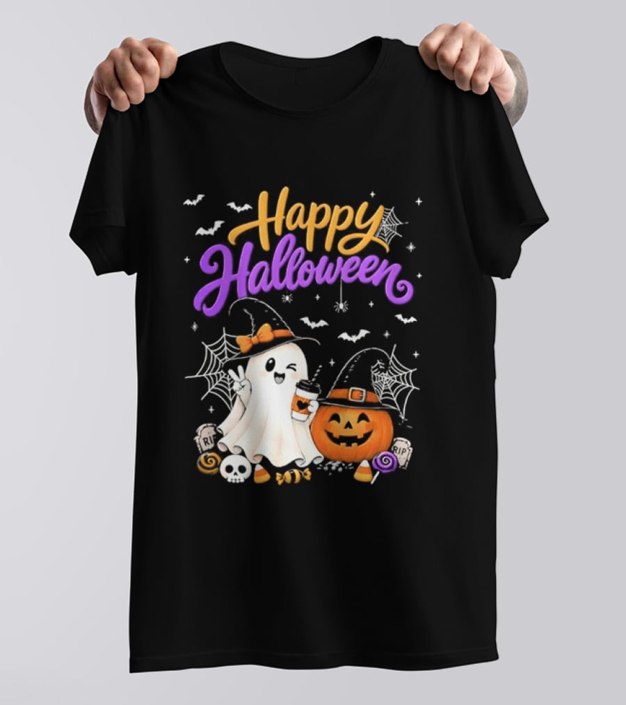 Happy Halloween Ghost Pumpkin Candy And Spider Webs T-Shirt