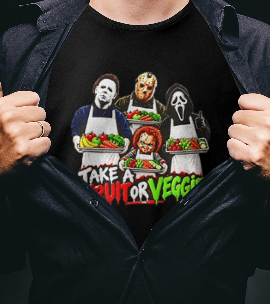 Michael Myers Jason Voorhees Ghostface Chucky Horror Movie Take A Fruit Or Veggie T-Shirt