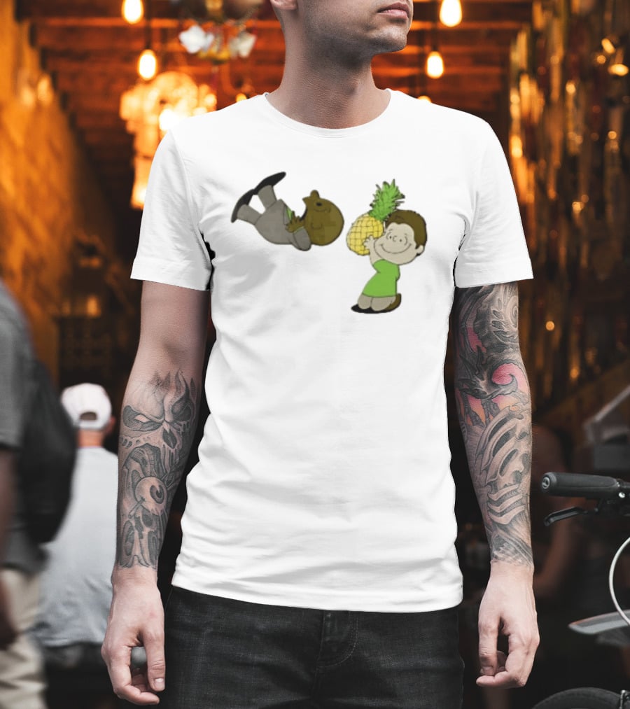 Cartoon Smiling Boy With Upside Down Pineapple Suit Person T-Shirt