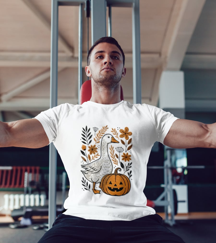 Goose With Jack O' Lantern Pumpkin Autumn Leaves And Flowers T-Shirt
