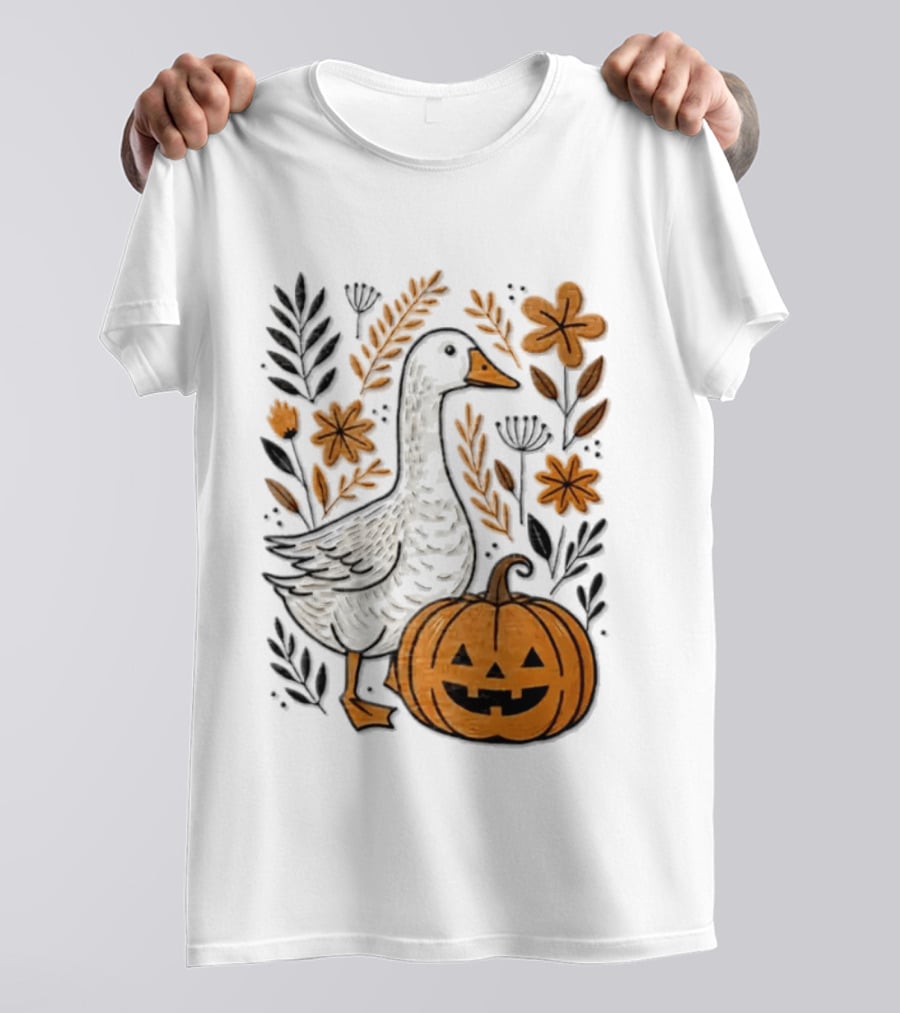 Goose With Jack O' Lantern Pumpkin Autumn Leaves And Flowers T-Shirt