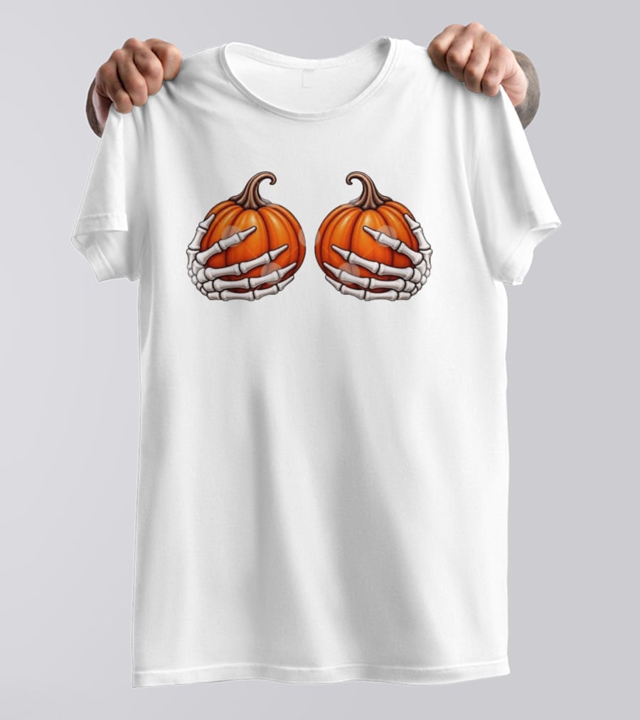 Skeleton Hands Holding Pumpkins Halloween Scary Realistic T-Shirt