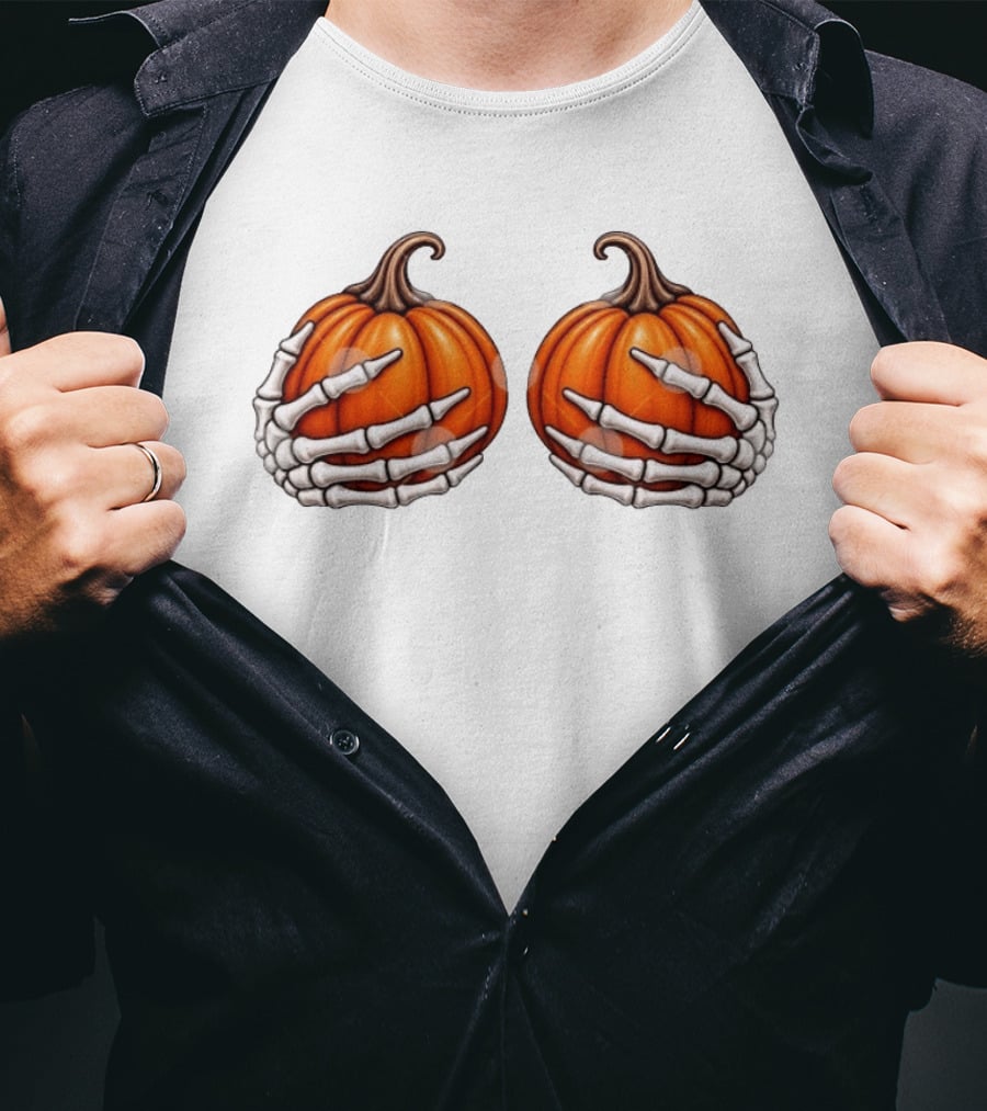 Skeleton Hands Holding Pumpkins Halloween Scary Realistic T-Shirt