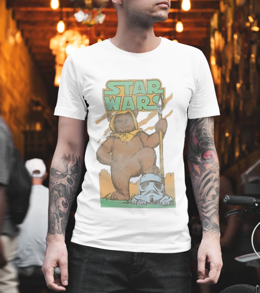 Star Wars Ewok Holding Spear With Stormtrooper Helmet T-Shirt